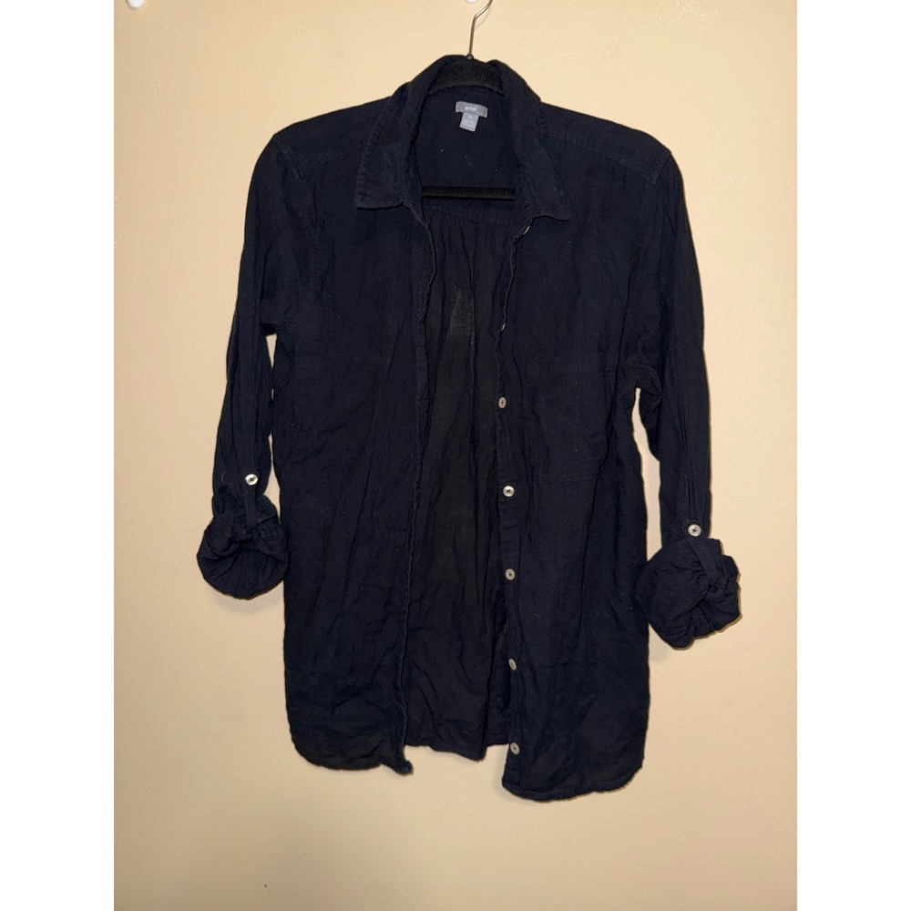 Aerie Womens Large Black Button Down Textured Long Sleeve Relaxed Top Minimalist